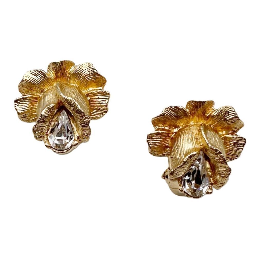 Vintage Gold Flower Costume Earrings Rhinestone Pear Cut 3D